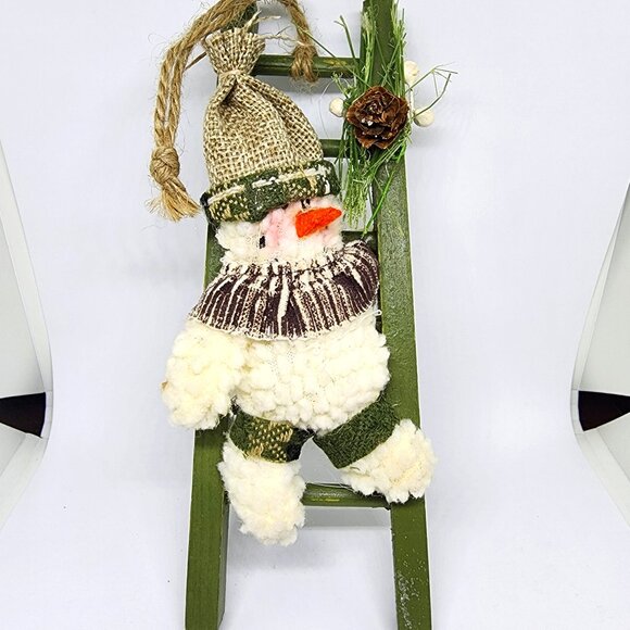 Plush Snowman Climb Green Ladder Cottage Farmhouse Christmas Holiday Ornament - Picture 3 of 10